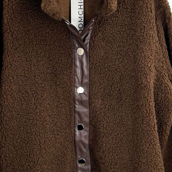 Bloomchic PU Leather Patchwork Metal Detail Brown Teddy Jacket Size 14/16 - Picture 9 of 15